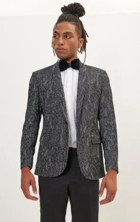 Metallic Lace Paisley Shawl Lapel Tuxedo Jacket -  Cobalt Black