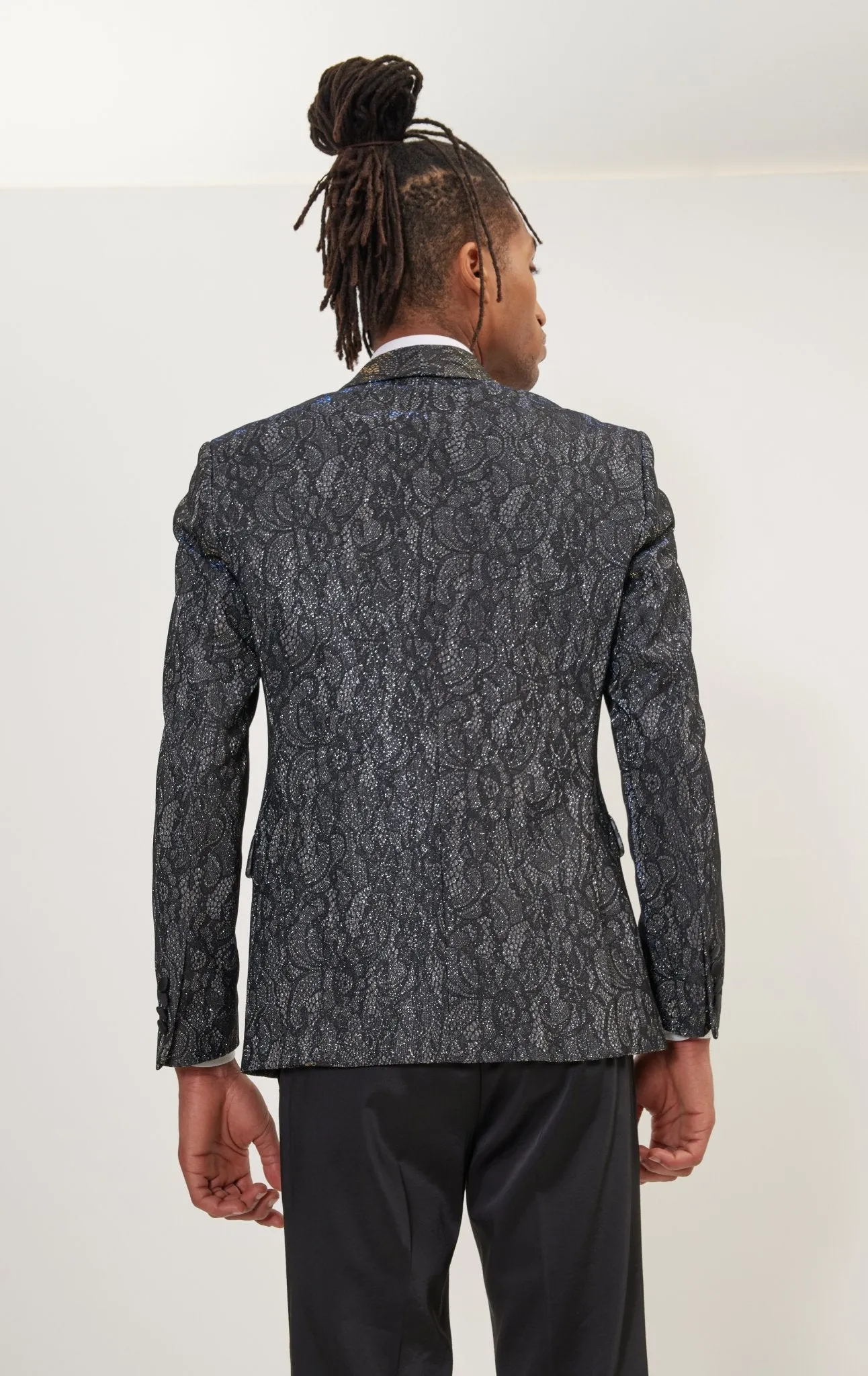 Metallic Lace Paisley Shawl Lapel Tuxedo Jacket -  Cobalt Black