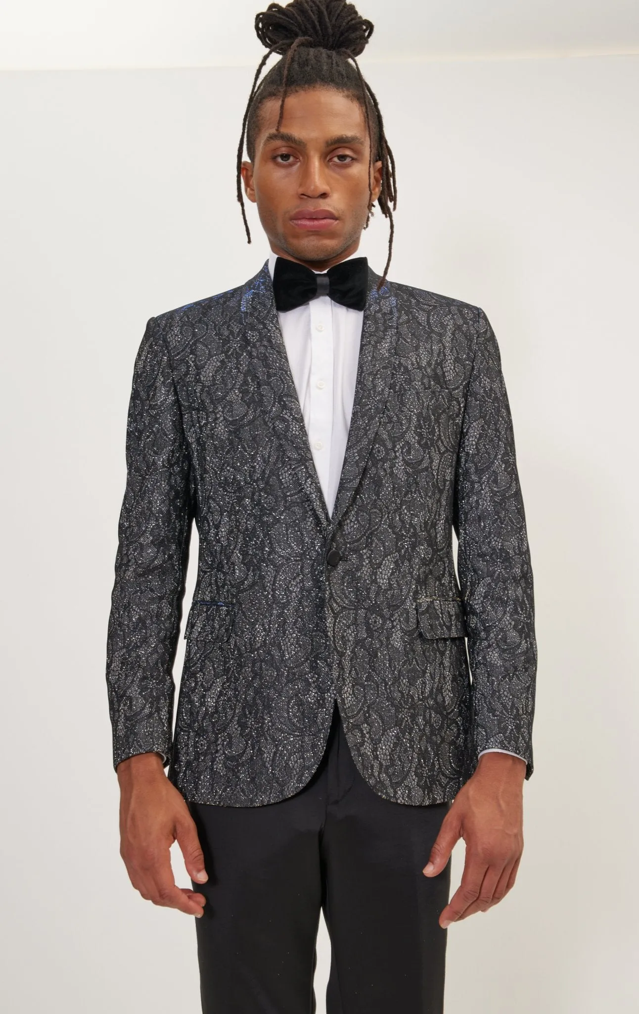 Metallic Lace Paisley Shawl Lapel Tuxedo Jacket -  Cobalt Black