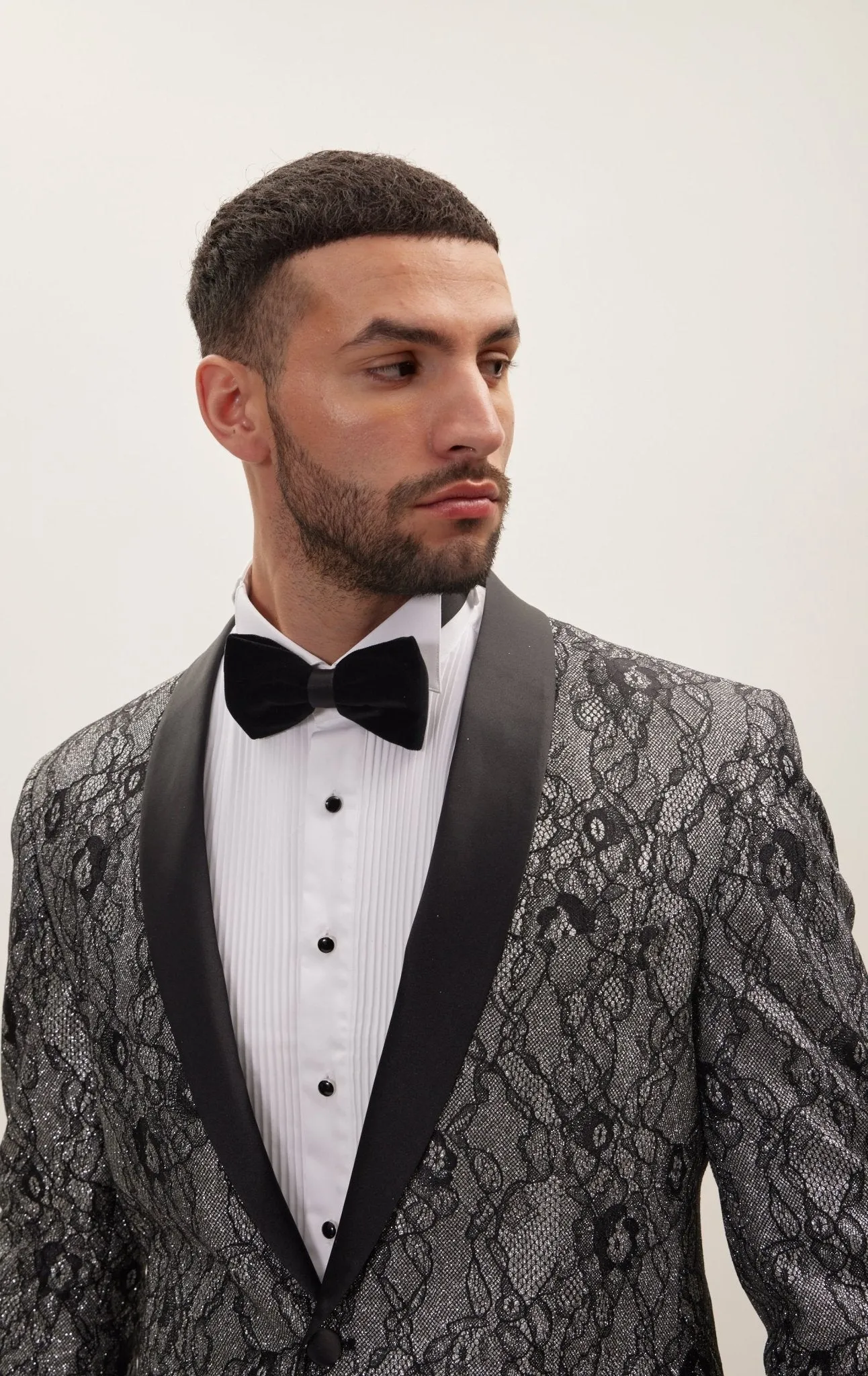 Metallic Lace Shawl Lapel Tuxedo Jacket - Black