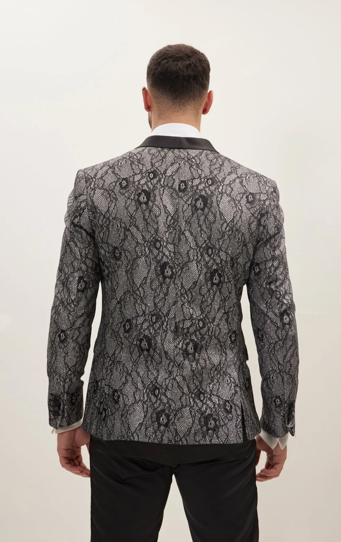 Metallic Lace Shawl Lapel Tuxedo Jacket - Black