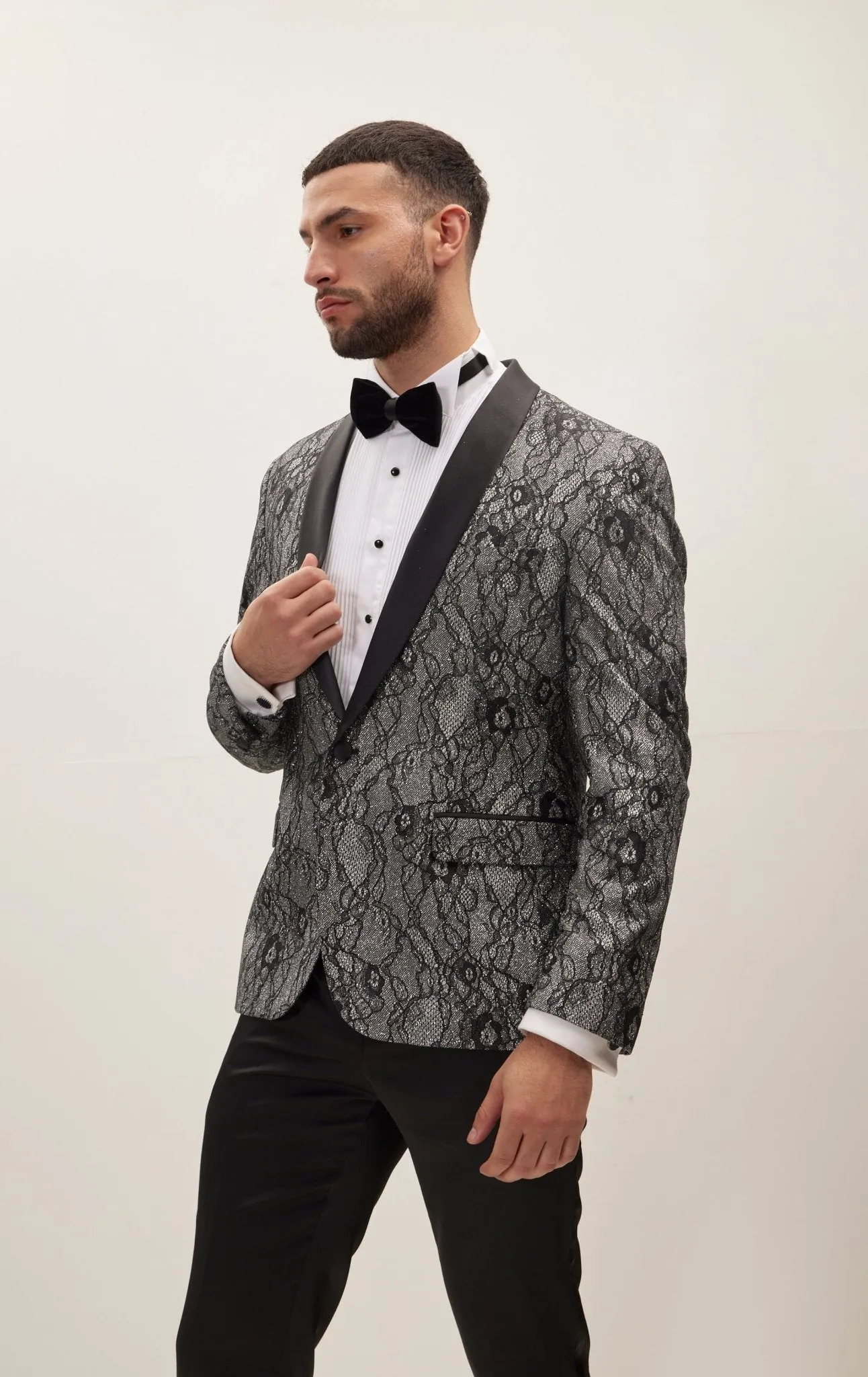 Metallic Lace Shawl Lapel Tuxedo Jacket - Black