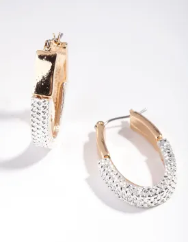 Mixed Metal Half Textured Oval Hoop Earrings