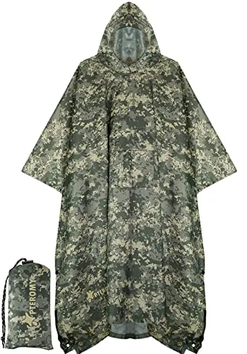 PTEROMY Hooded Rain Poncho for Adult with Pocket, Waterproof Lightweight Unisex Raincoat for Hiking Camping Emergency (Green Digi Camo)