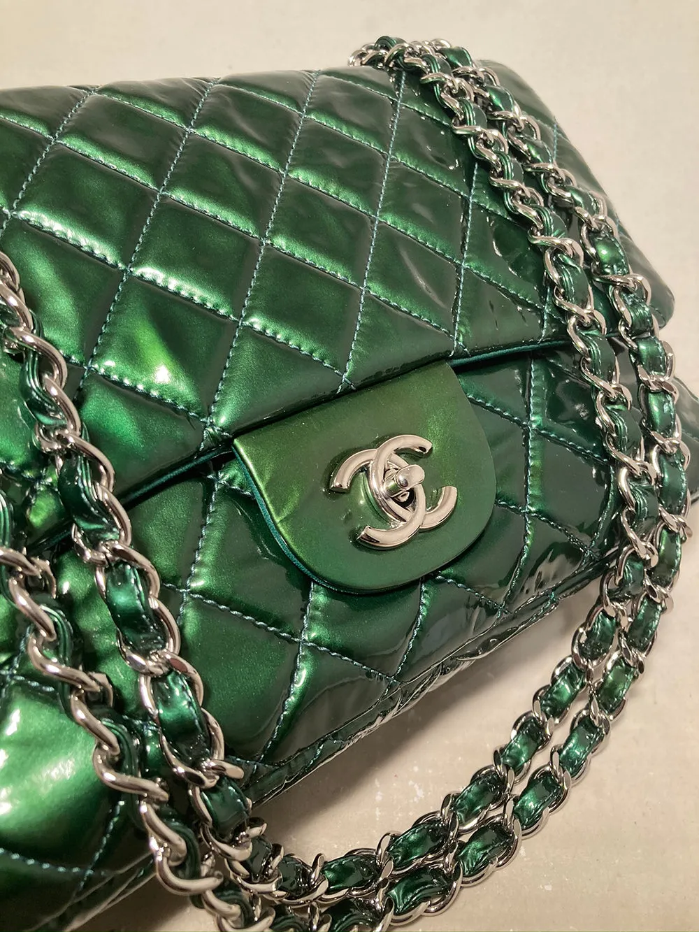 RARE Chanel Metallic Green Patent Leather Jumbo Classic Flap