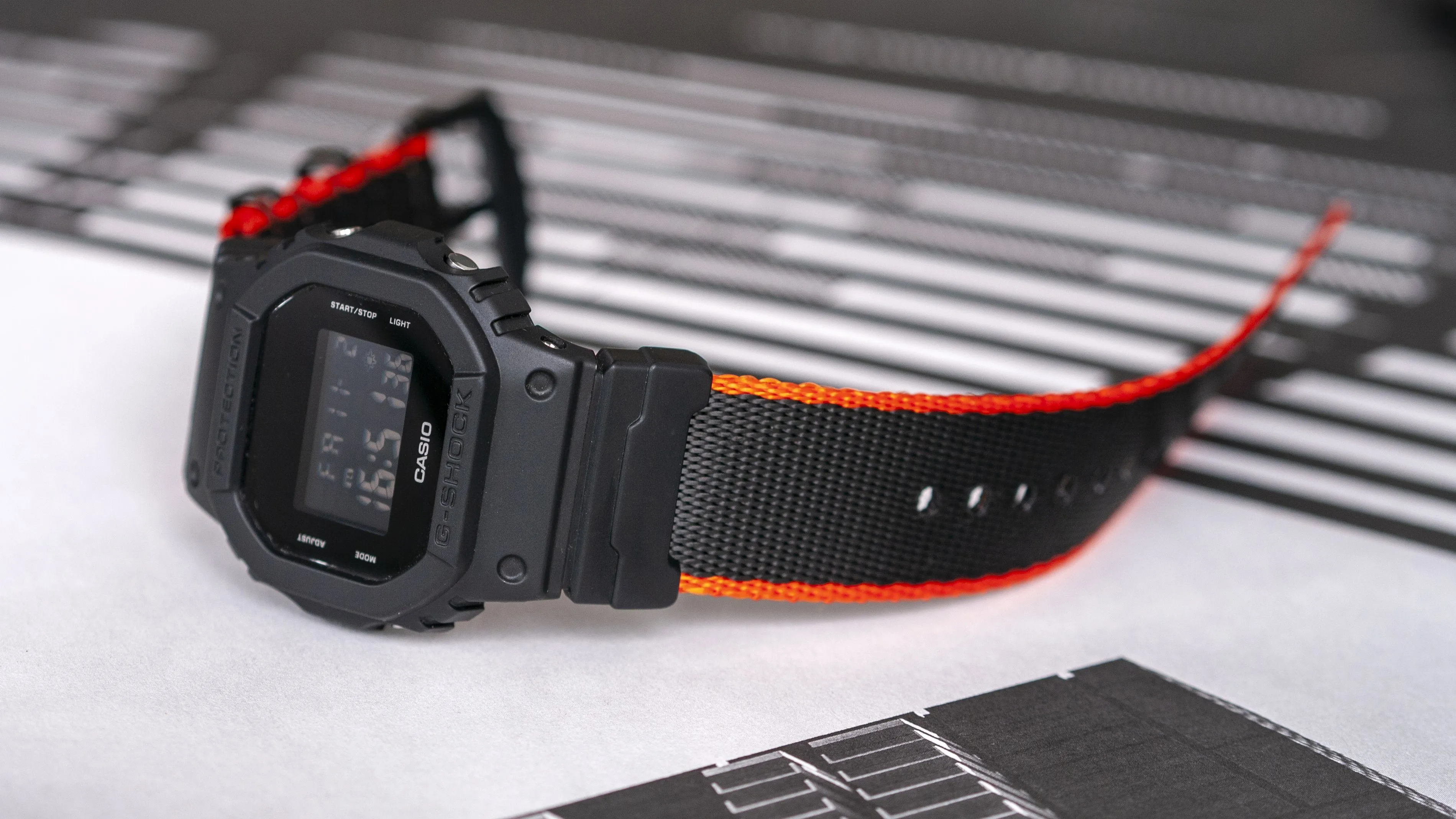 Seat Belt Black / Fire Edge Watch Strap with G-Shock Compatible Adapter and Spring Bar Tool