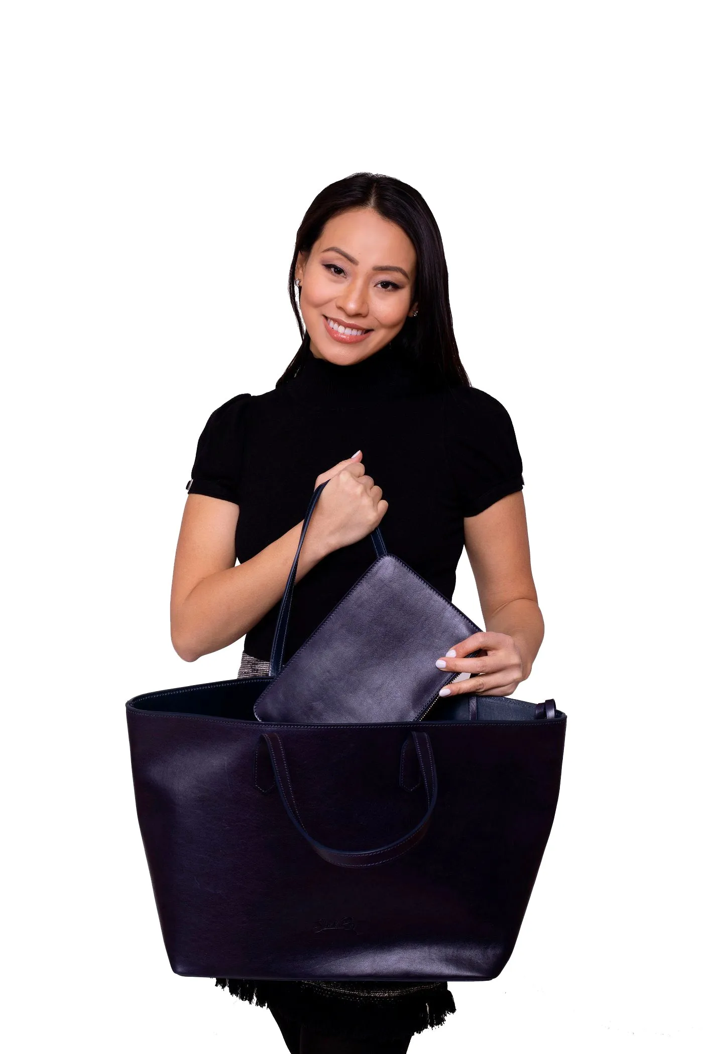 SSW - Manila All Purpose Large Carryall Leather Tote Bag in Midnight Blue