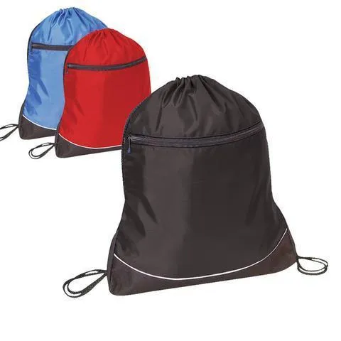 Stripe Nylon Drawstring Bag / Cinch Pack with Zipper Pocket.