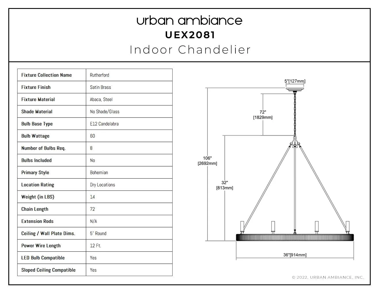 UEX2081 Bohemian Chandelier 32''H x 36''W, Satin Brass Finish, Rutherford Collection