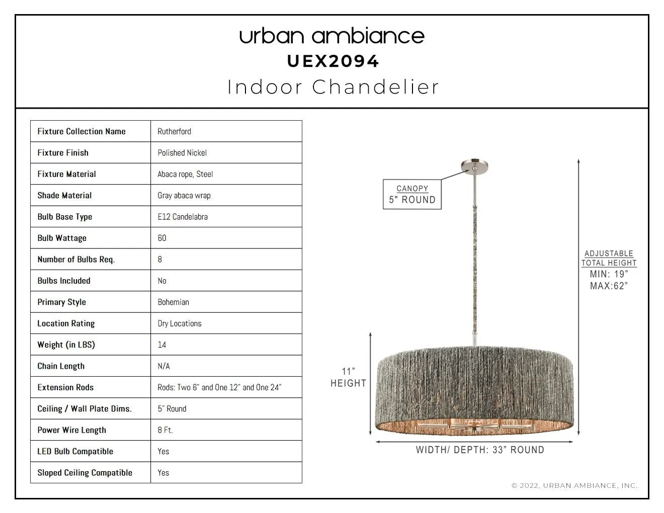 UEX2094 Bohemian Chandelier 11''H x 33''W, Polished Nickel Finish, Rutherford Collection