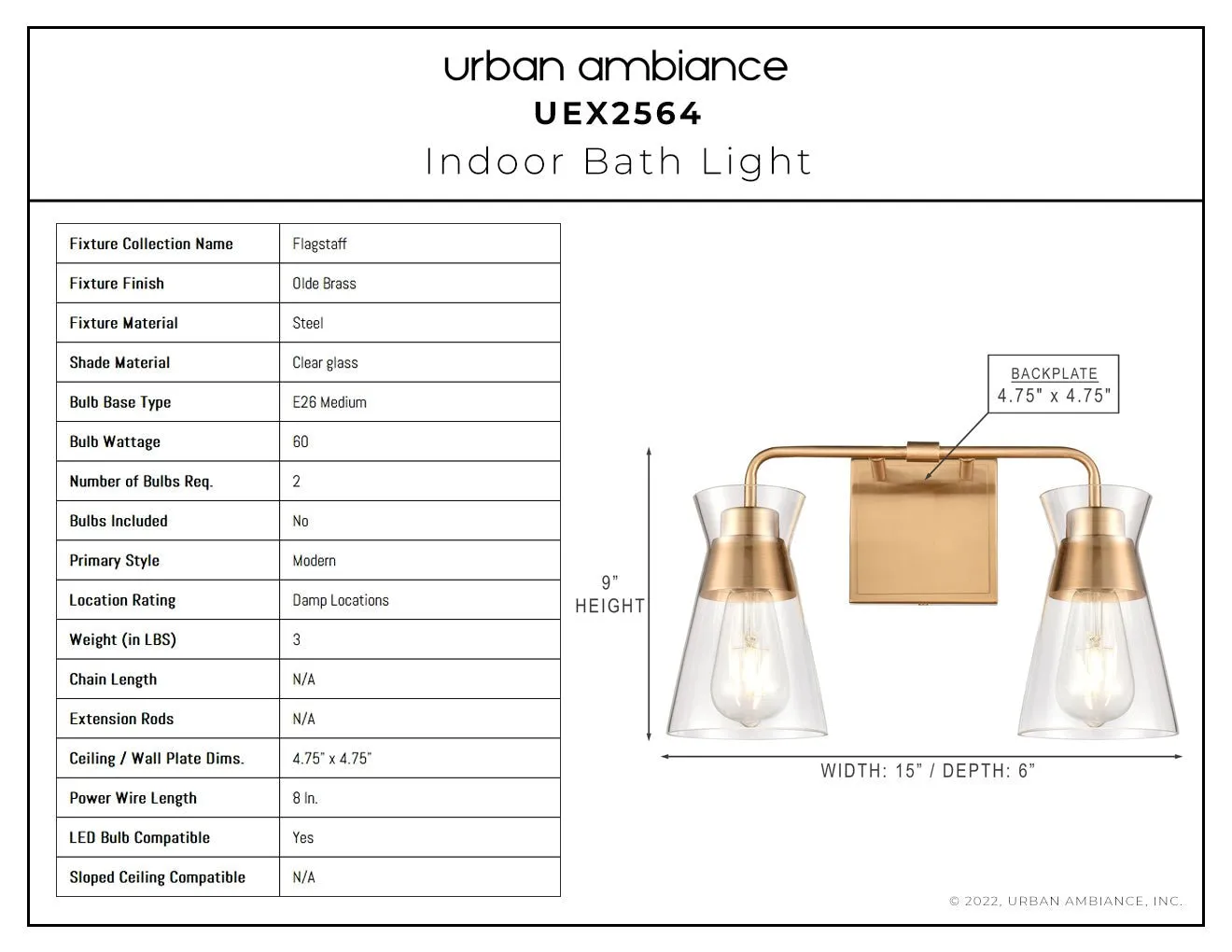 UEX2564 Modern Bath Light 9''H x 15''W, Olde Brass Finish, Flagstaff Collection