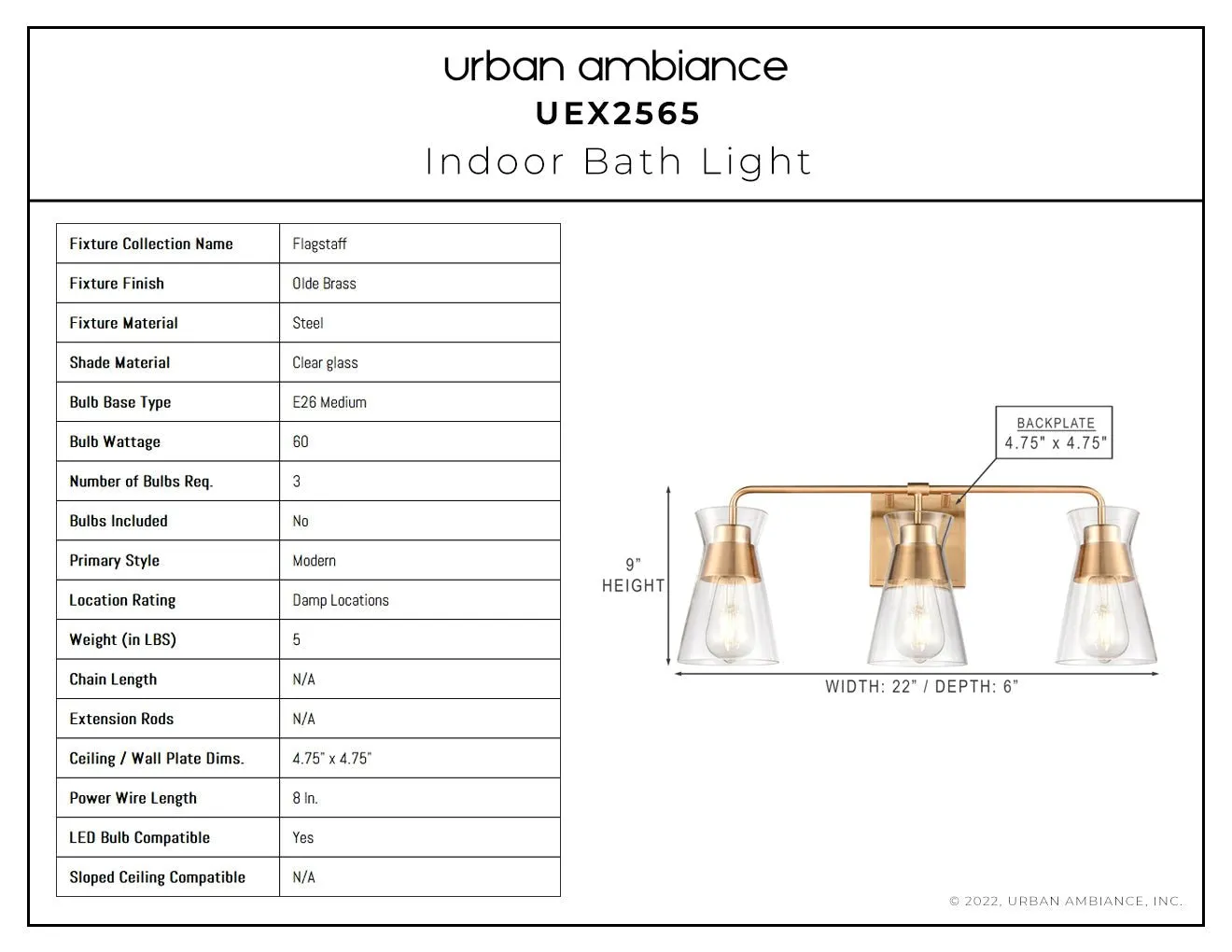 UEX2565 Modern Bath Light 9''H x 22''W, Olde Brass Finish, Flagstaff Collection