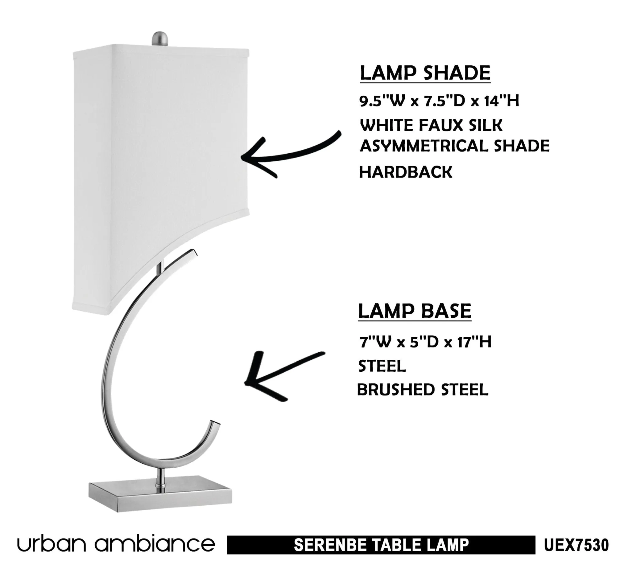 UEX7530 Mid-Century Modern Table Lamp 9.5''W x 7.5''D x 31''H, Brushed Steel Finish, Serenbe Collection