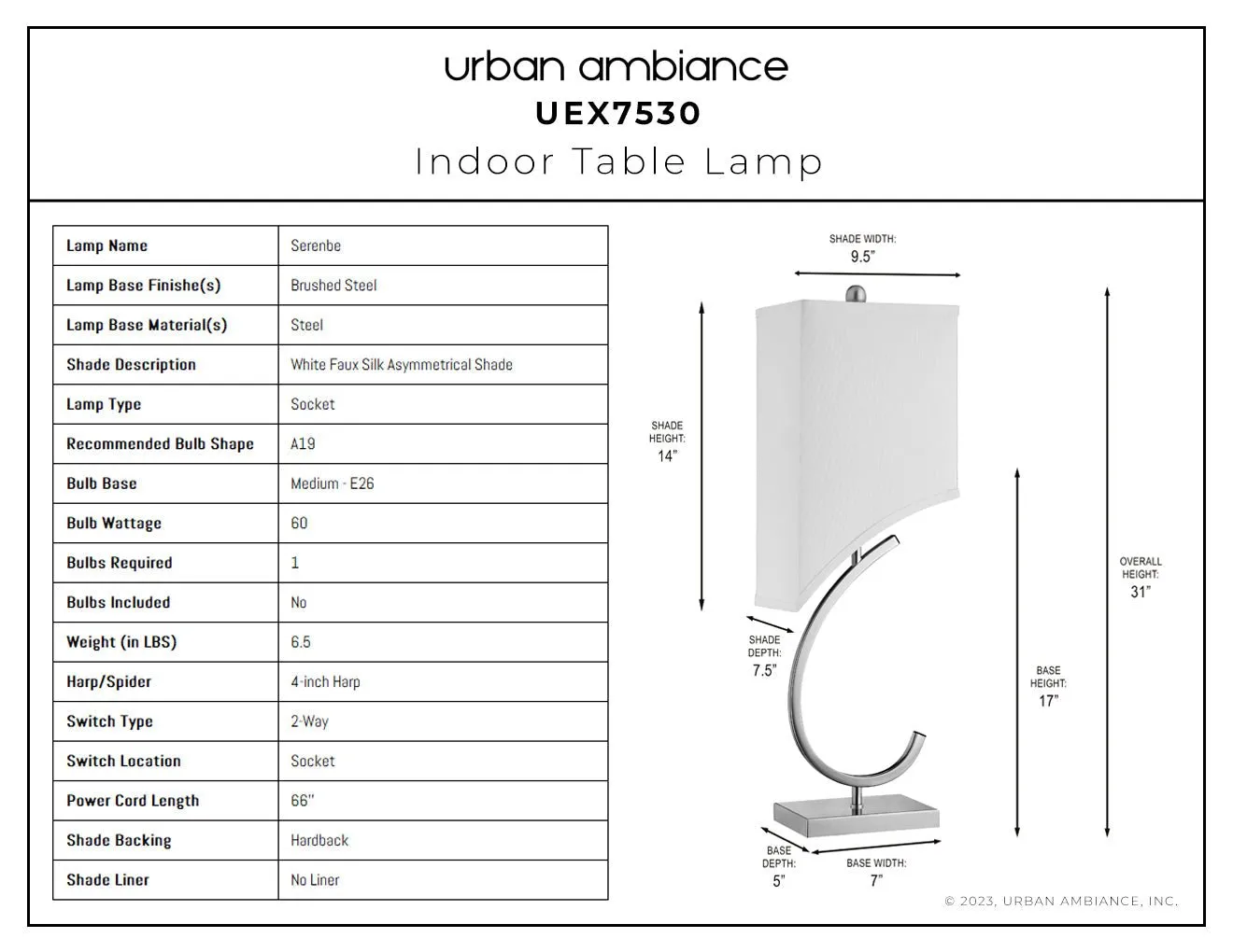 UEX7530 Mid-Century Modern Table Lamp 9.5''W x 7.5''D x 31''H, Brushed Steel Finish, Serenbe Collection