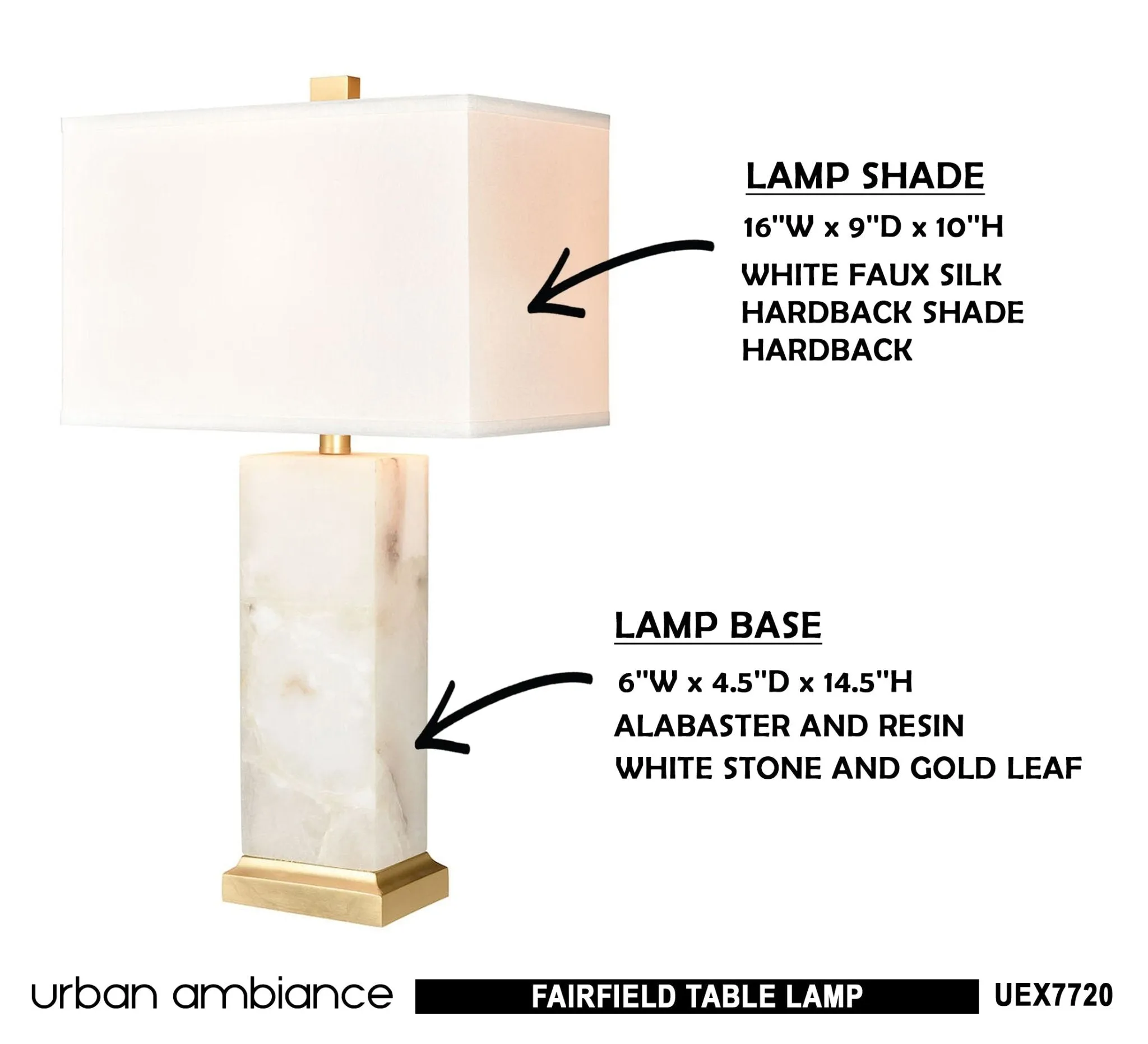 UEX7720 Glam Table Lamp 16''W x 9''D x 27''H, White Stone and Gold Leaf Finish, Fairfield Collection