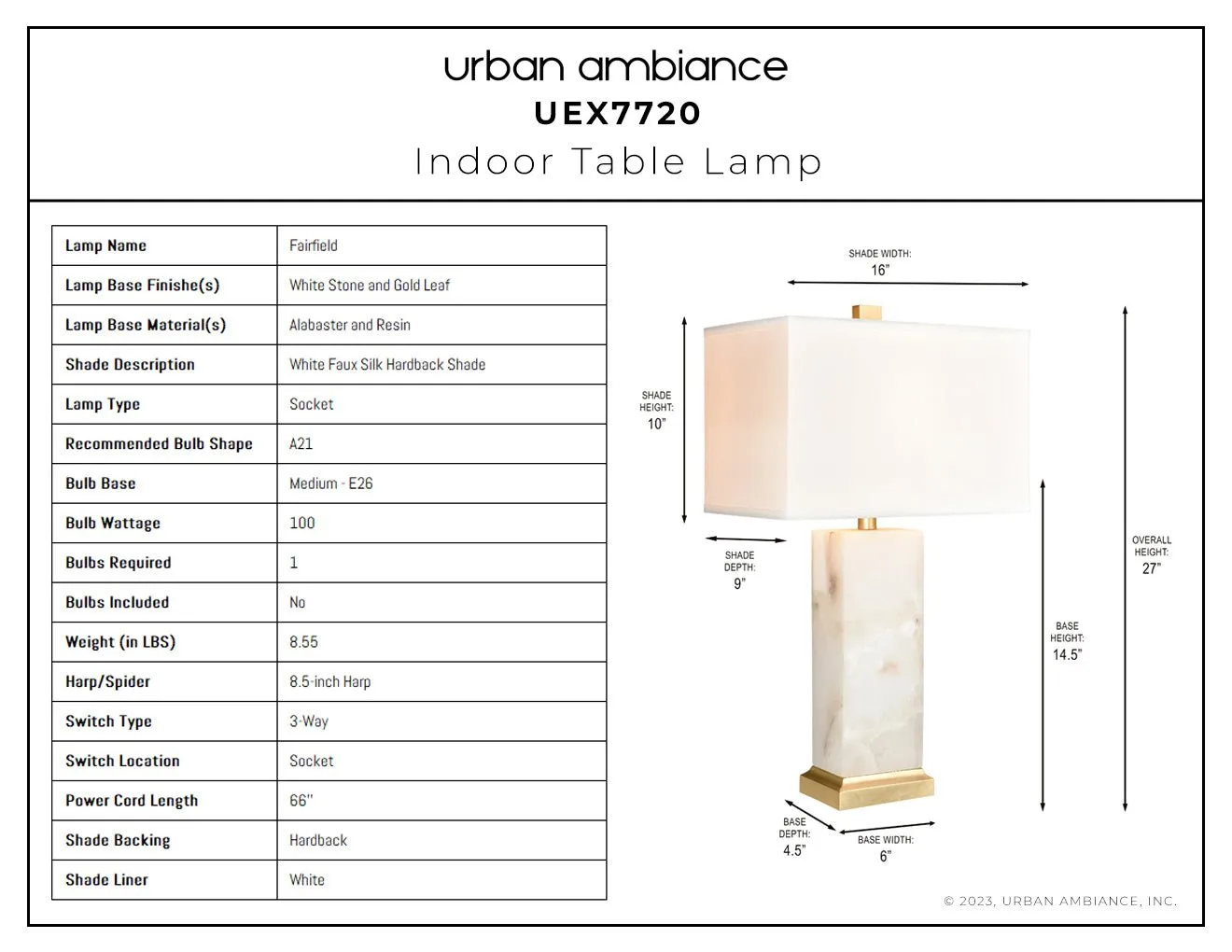 UEX7720 Glam Table Lamp 16''W x 9''D x 27''H, White Stone and Gold Leaf Finish, Fairfield Collection