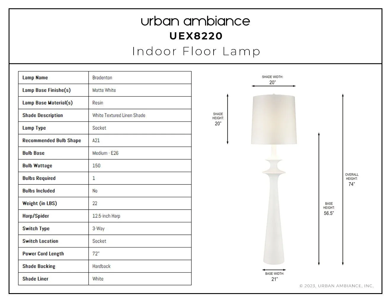 UEX8220 Mid-Century Modern Floor Lamp 20''W x 20''D x 74''H, Matte White Finish, Bradenton Collection