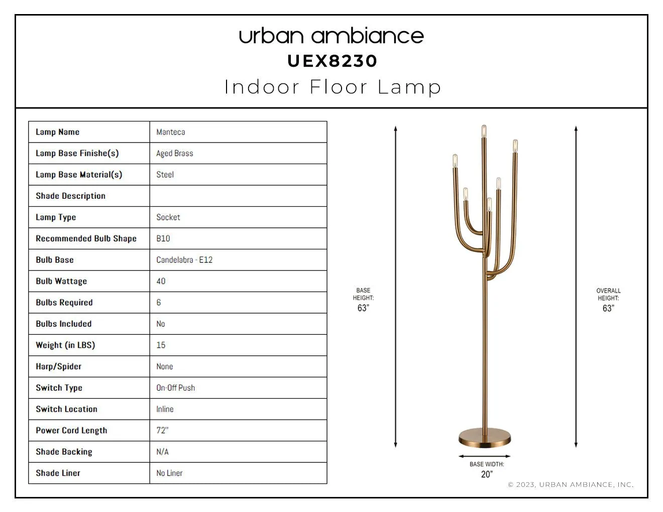 UEX8230 Luxe Industrial Floor Lamp 13''W x 13''D x 63''H, Aged Brass Finish, Manteca Collection