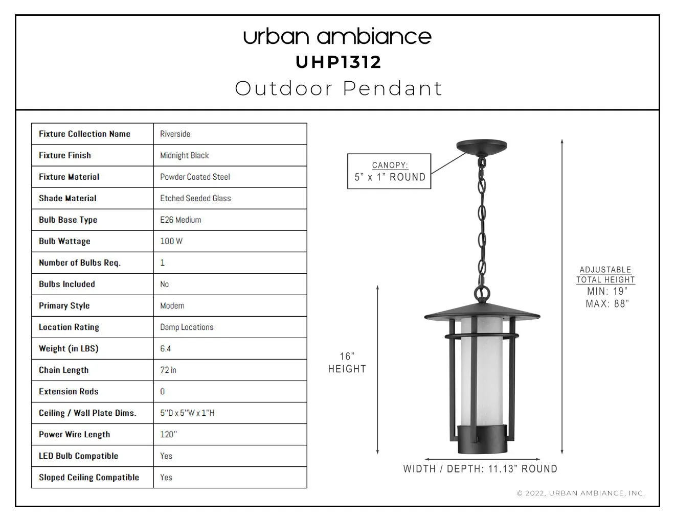 UHP1312 Mid-Century Modern Outdoor Pendant 16''H x 11.125''W, Midnight Black Finish, Riverside Collection