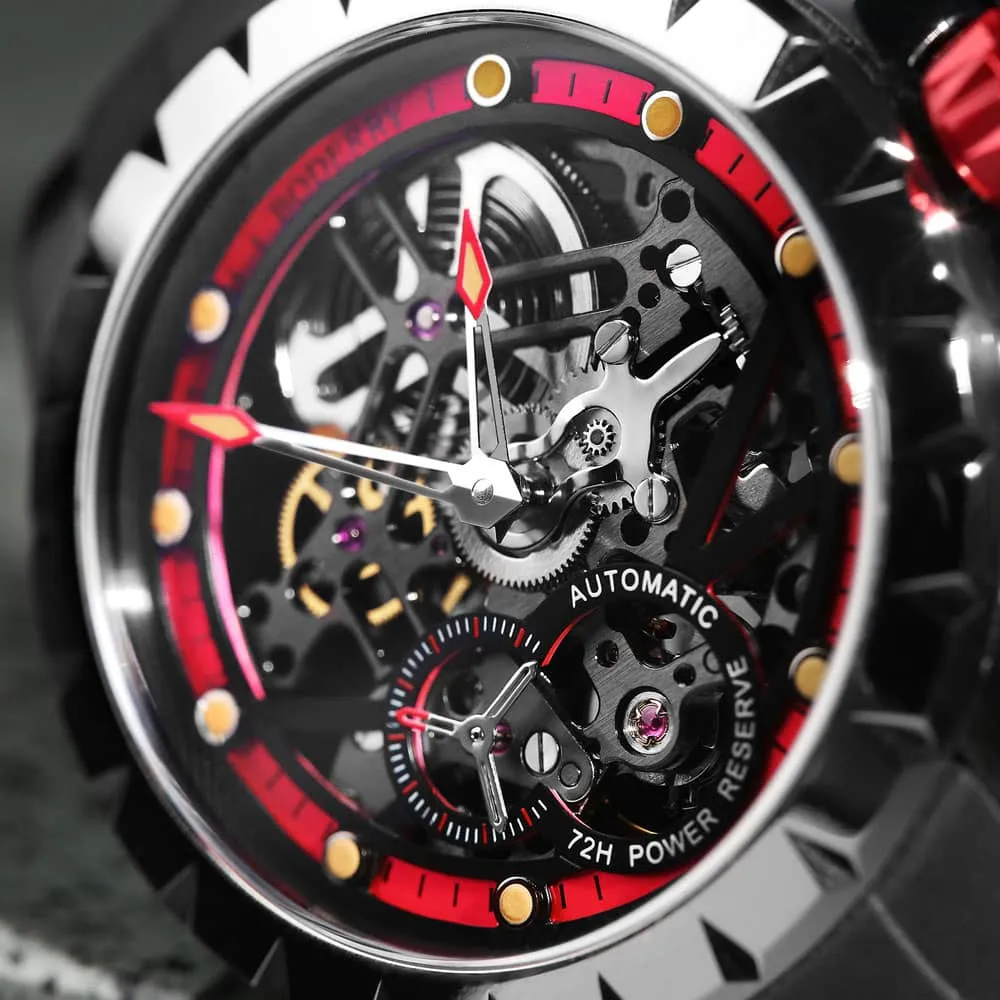 WINDMILL - Original Skeleton Hi-beat(28,800 bph) with 72 hrs Power-reserve Automatic Watch | Red Dial & Leather Strap