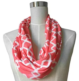 Womens Interlocking Chain Square Pattern Scarf w/ Zipper Pocket - Pop Fashion (Coral)