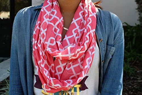 Womens Interlocking Chain Square Pattern Scarf w/ Zipper Pocket - Pop Fashion (Coral)